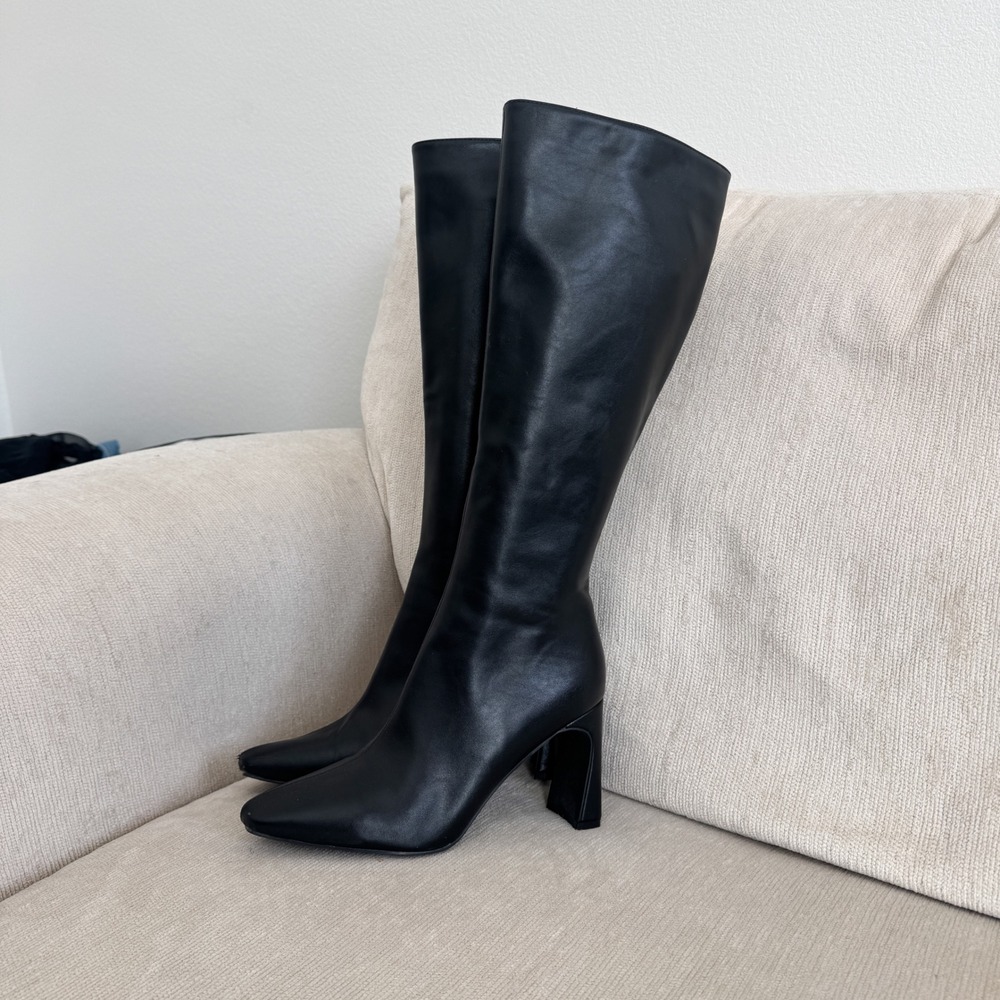 Princess Polly Black Knee High Boots Square Toe Flared Block Heel Women Size 7